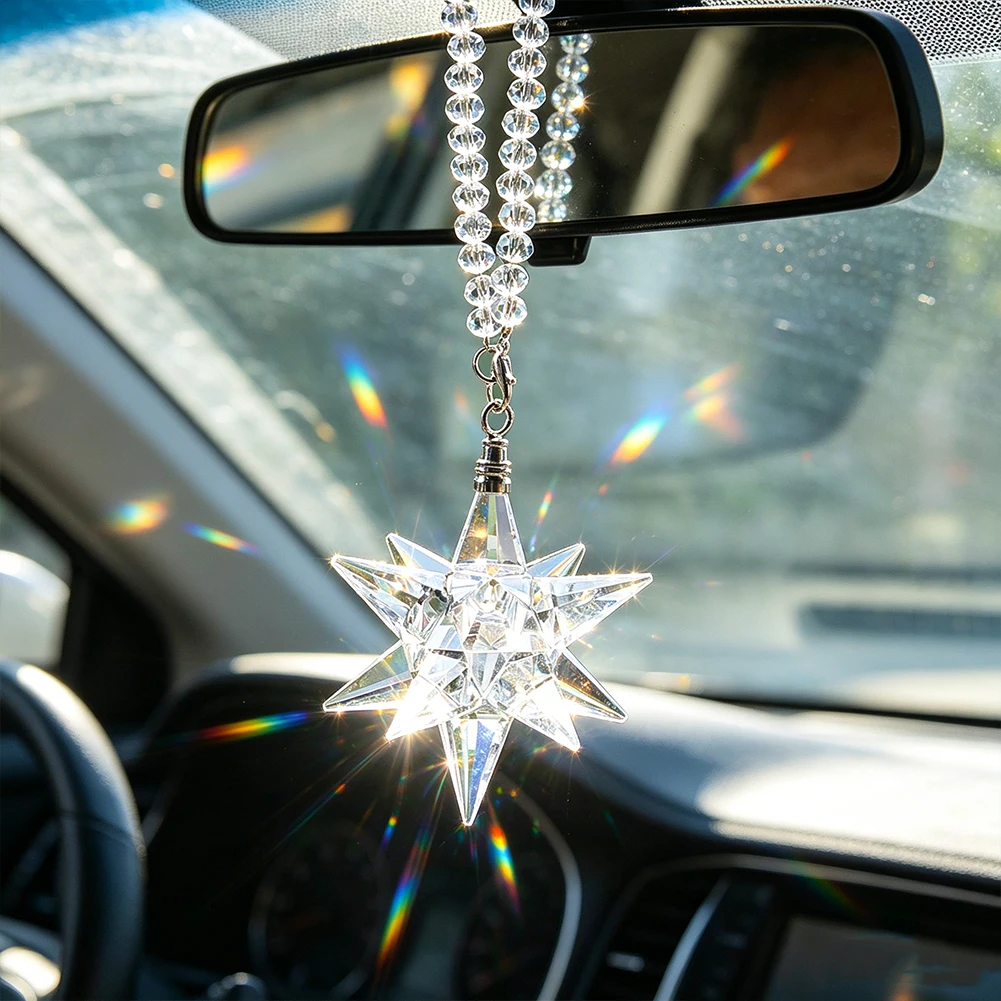 Mehrflächiger 12-Punkt-Kristallstern Sonnenfänger Ornament Klarer K9-Kristall Auto-Rückspiegel-Anhänger Fenster Regenbogen-Prisma Deko – Detail 4