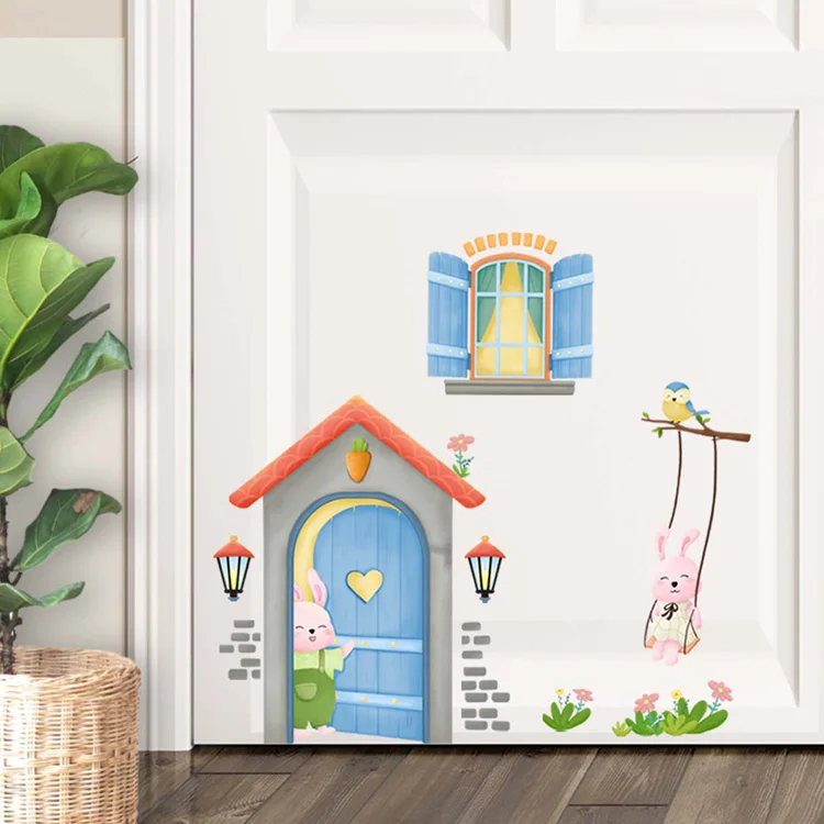 Cartoon Hasen-Haus Wandaufkleber Wohnzimmer Kinderzimmer Deko-Aufkleber Kinderzimmerdekoration Selbstklebende Heimtür-Wandmalerei – Detail 2