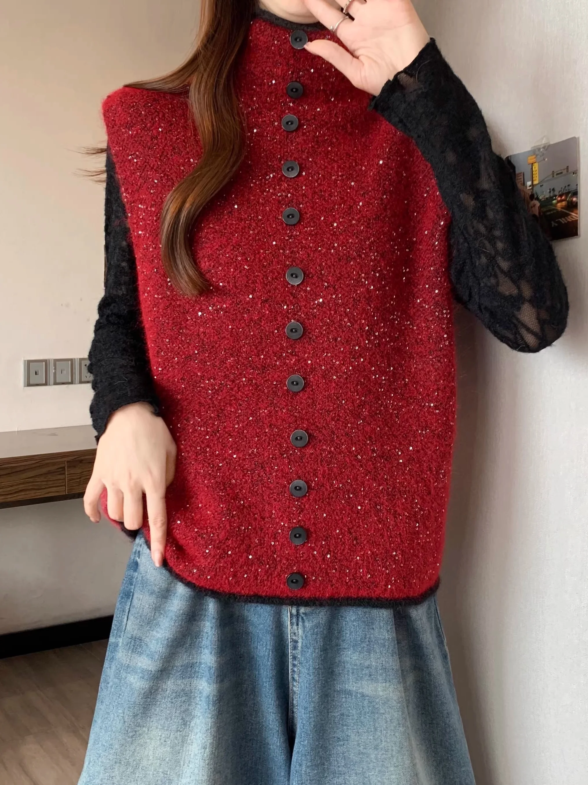 

Red iny High Collar Sweater Vest Set Women's Faion Winter Clothes Base Layer Top Bright Sparkling Two Piece Suit