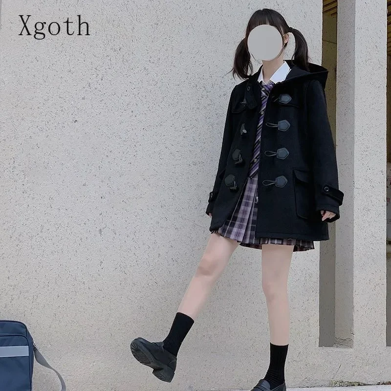 السيدات معاطف الخريف/الشتاء جديد سميكة الدافئة الصلبة مقنعين صف واحد البقرة القرن زر أكاديمية نمط معطف الصوف الملابس النسائية