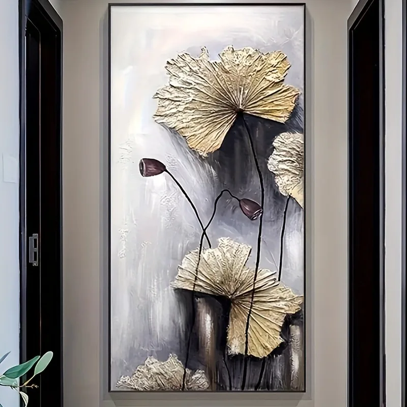 

Large Lotus Painting Modern Chinese Style Wall Art, Golden for Lotus Flowers Black Stems, Gray Textured Background, Home Decor