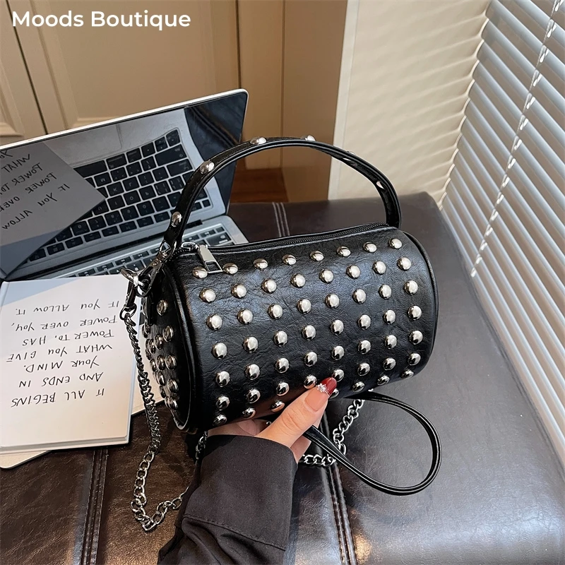 

MOODS Punk Style Studded Mini Handbag For Women Soft PU Leather Rivets Decor Shoulder Crossbody Bag Luxury Designer Cylinder Bag