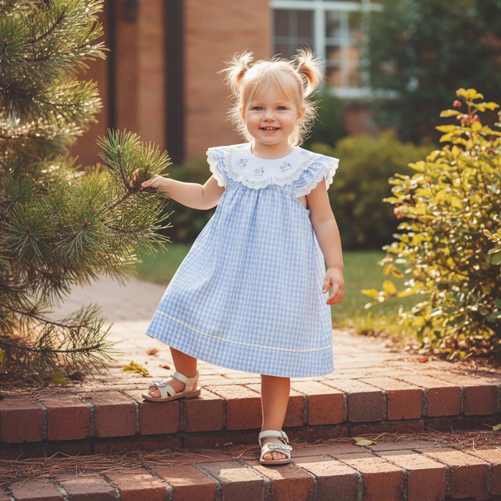 Toddler Baby Girl Easter Dress Flying Sleeve Crew Neck Bunny Embroidery Plaid Print A Line Dress