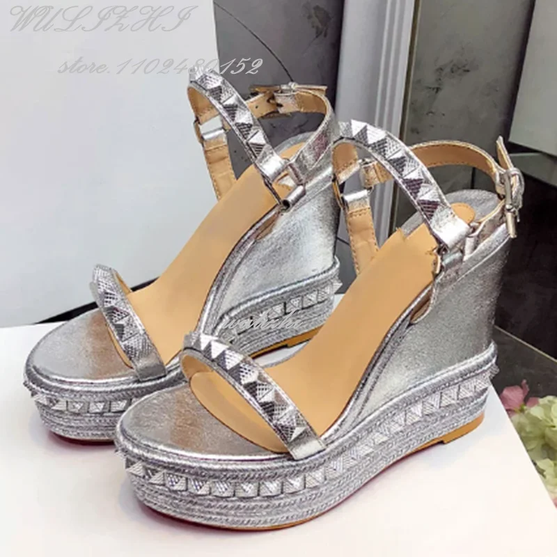 Gold Rivets Weave Bordered Wedge Women Silver Platform Sandals Summer Beach Flat Low Open Heels Strap Round Toe Casual Girl Shoe