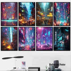 Neon Cyberpunk Future City Street Canvas Poster Aesthetics Anime Hot Classic Car Art Living Room Wall Decoration Picture NO LED