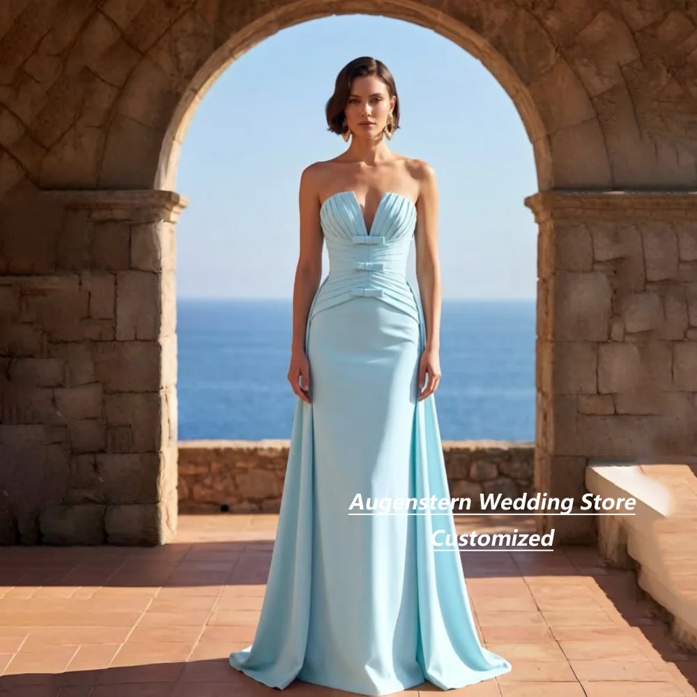 Customized Light Blue Strapless Bows Jersey Mother Of The Bride Gown Mermaid Gown Pleated Bodice Formal Evening Dress With Train