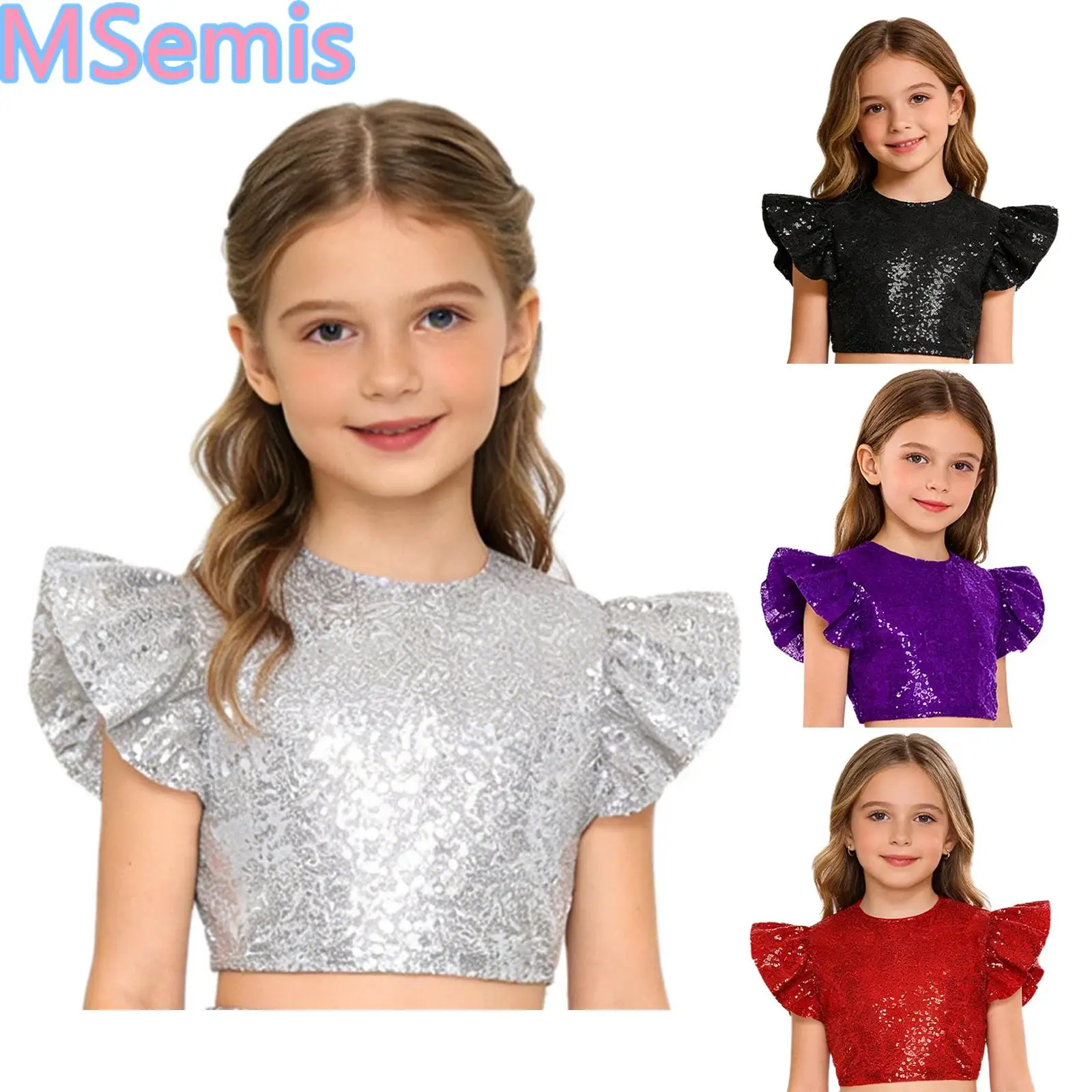

Kids Girls Glittery Sequins Dance Tops Crew Neck Ruffled Fly Sleeve Back Hidden Zipper Fully Lined Blouse Top for Birthday Party