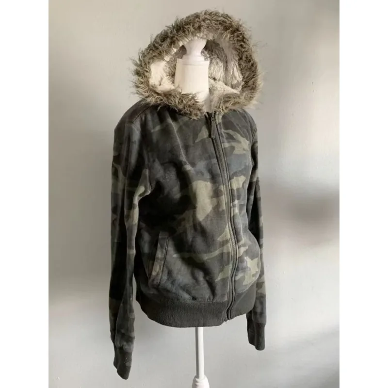 American vintage Harajuku Fox collar patchwork hoodies women's y2k camouflage zipper hoodie coats subculture slim hottie outwear