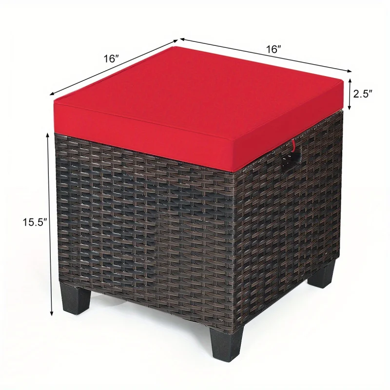 Lifezeal Two-Piece Set Courtyard Rattan Footstool With Cushion Seat  Tea Table Red