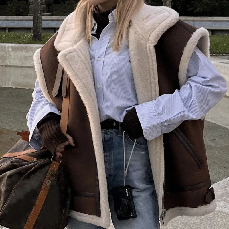 

TEELYNN Vintage Loose Suede Coat for Women Casual Stand Collar Zipper Vest Jackets Autumn 2022 Sleeveless Oversize Wool Coat