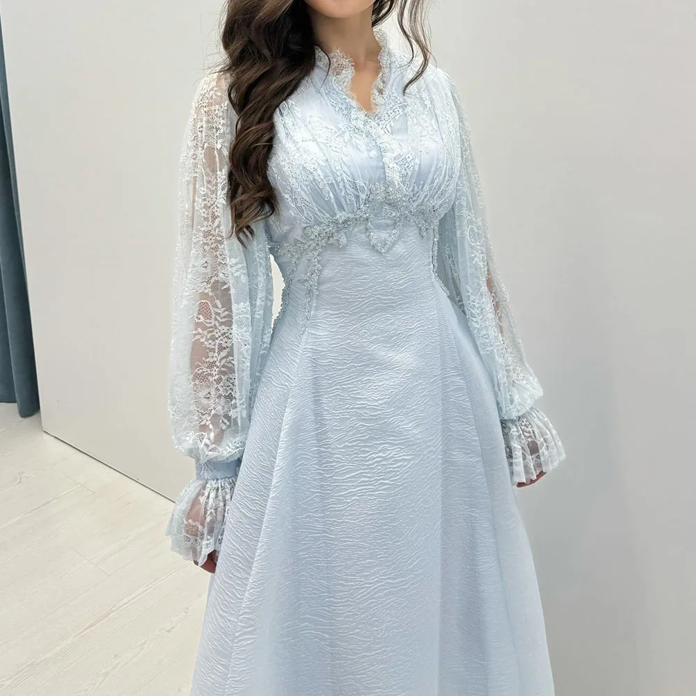 Customized A-Line Evening Gown Ankle-Length V-neck Full Sleeve Prom Gown Fashion Lace-Up Ruched Simple Draped Party Gown