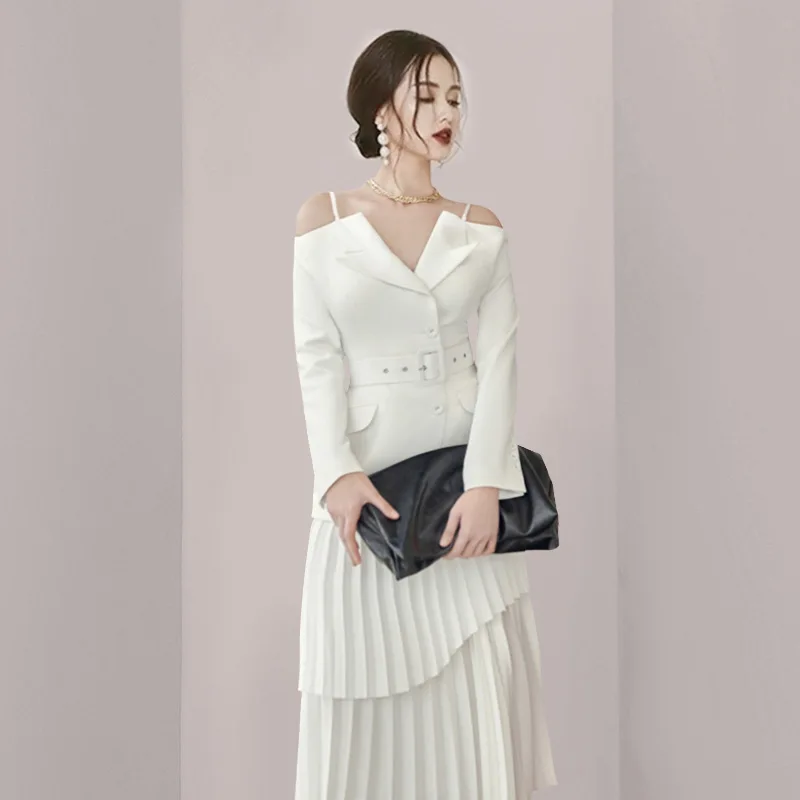 ARTIE | 2pcs Set Split Belt Waist V-neck Coat Patchwork Pleated Irregular Skirt Suits 2024 Spring New Fashion Women Summer Dress