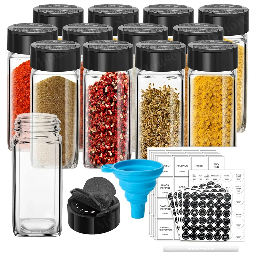 12Pcs Spice Jars with label Seasoning Containers Salt Glass Spice Jars with Black Shaker Lid Pepper Shakers Spices Container Set