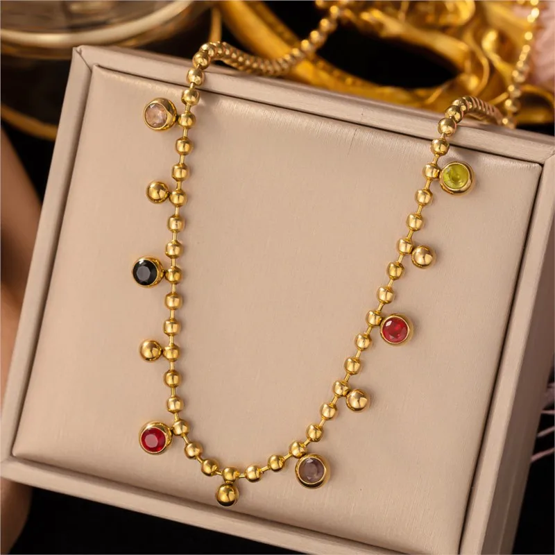 ANENJERY 316L Stainless Steel Small Colorful Beads Necklace for Women Festive Party Jewelry Wholesale