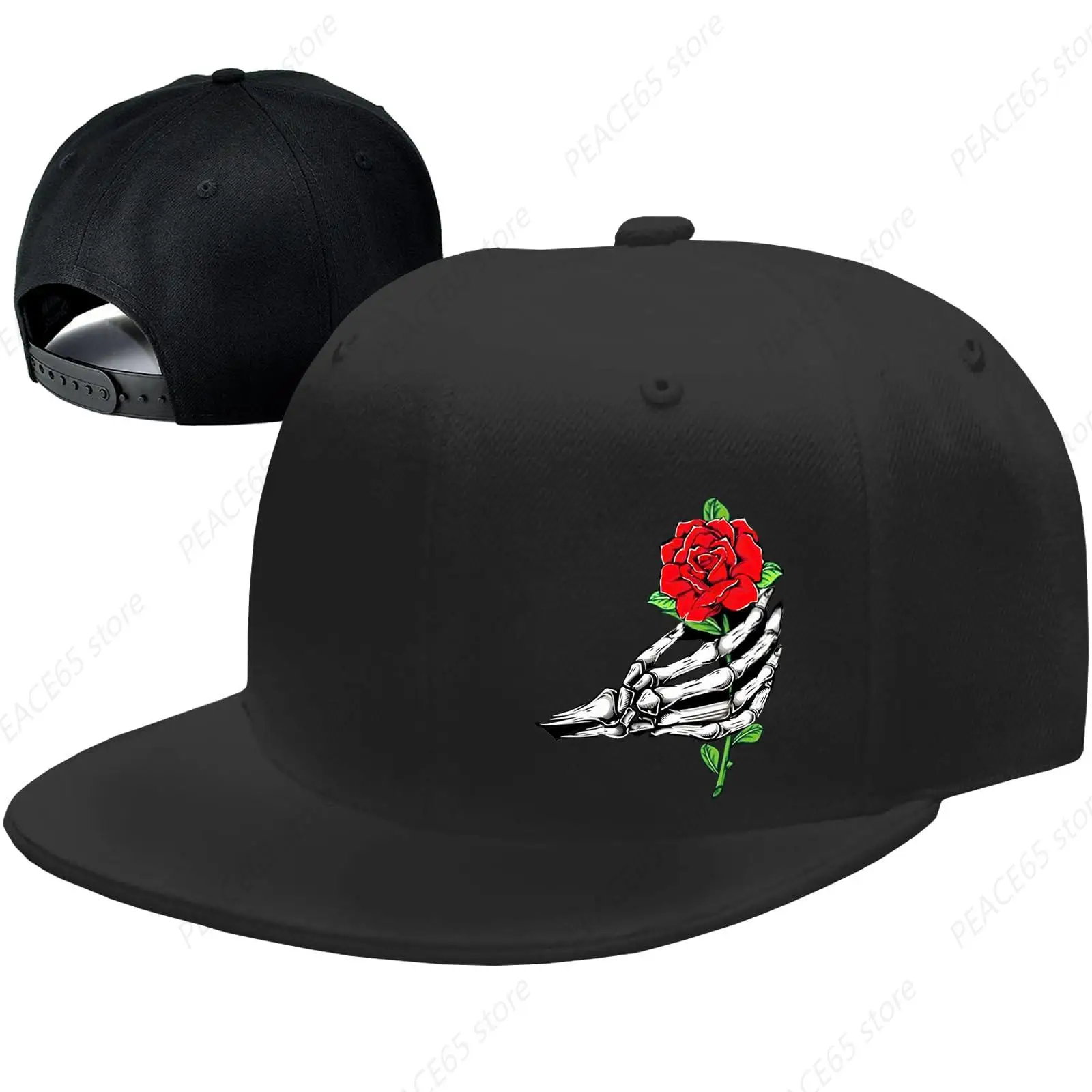 

Baseball Cap Flat Bill Hats for Men Black Cool Flat Brim Hats for Boys Teen Finger Rose Skull Hip Hop Hat Skateboard Gift