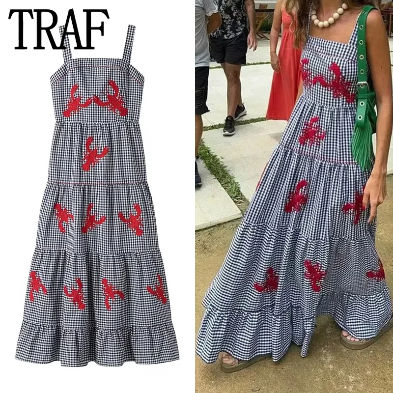 TRAF Plaid Slip Long Dress Woman Embroidery Ruffle Summer Dresses 2024 Sleeveless Beach Holiday Dress Women Casual Midi Dresses