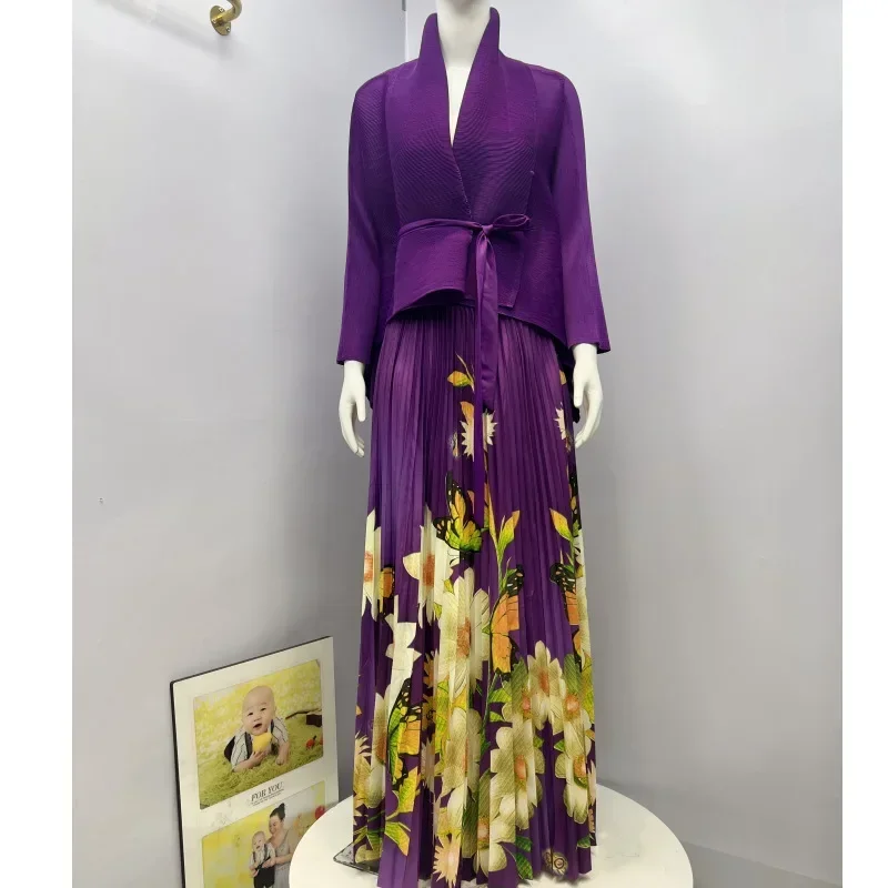 2025 Miyake pleats 2-piece set lapel lace-up waist top + change color high waist versatile skirt set