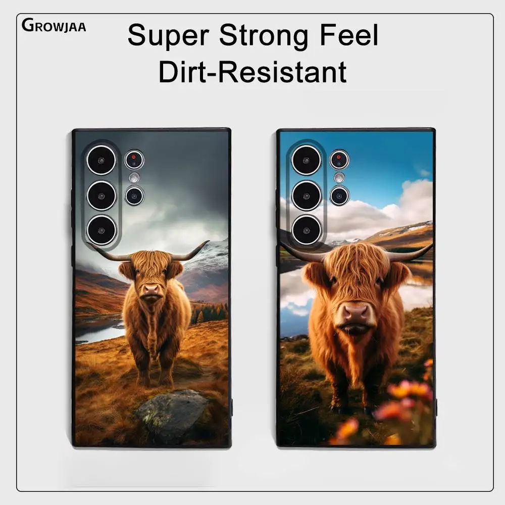 かわいいハイランドカウ柄スマホケース Samsung Galaxy S25 S24 S23 S22 S21 S20 Ultra Plus対応 フロスト加工 ソフトカバー
