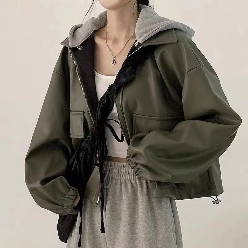 เสื้อโค้ทหนังผู้หญิงทรงหลวมสไตล์เรโทร มีซิป ฮู้ด แขนยาว แฟชั่นสตรีท