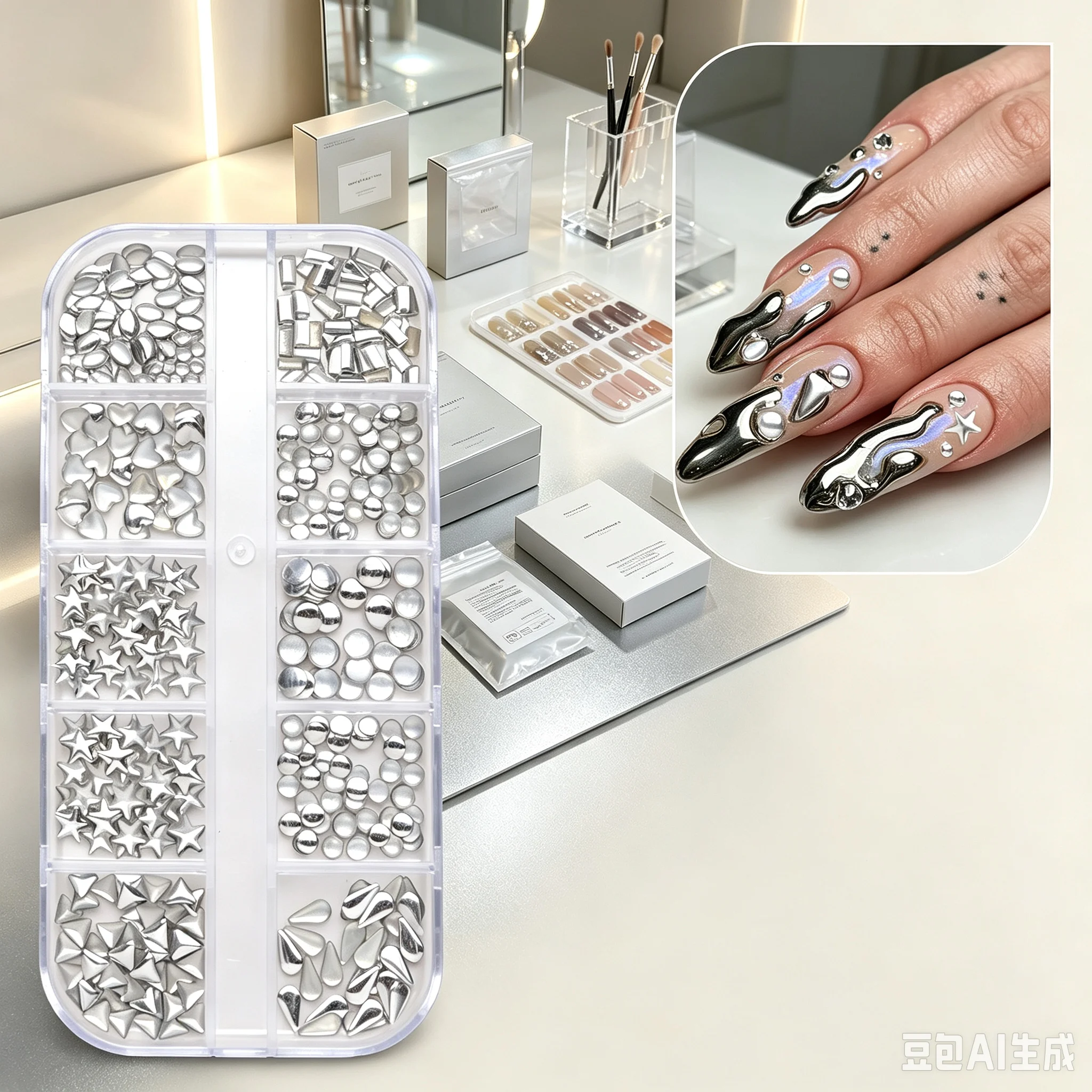 12-Compartment Box-Packaged Nail Accessories, Mixed Sizes and Colors, Flat-Bottomed Round Rhinestone Nail Decals.