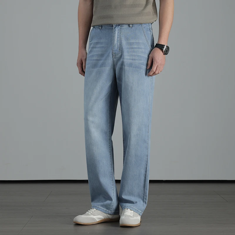 

Summer Thin Light Blue Jeans Men's Fashion Loose Straight Denim Pants with Linen Fiber Breathable Cool Business Casual Trousers