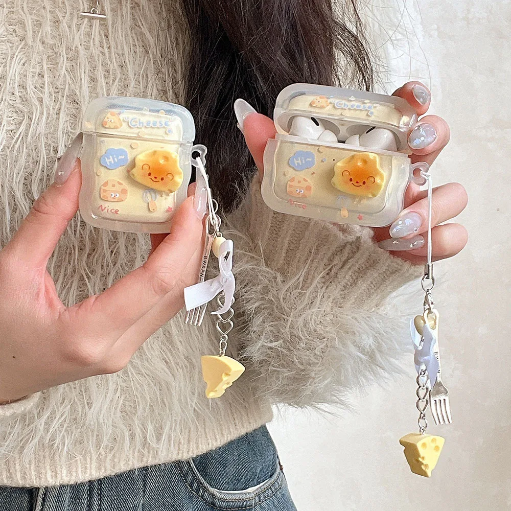 Korean 3D Cute Cartoon Cheese Wavy Headphones Case For AirPods 5 4 1 2 3 With Bow Pendant Earphone Bow Cover For Air Pods Pro 2