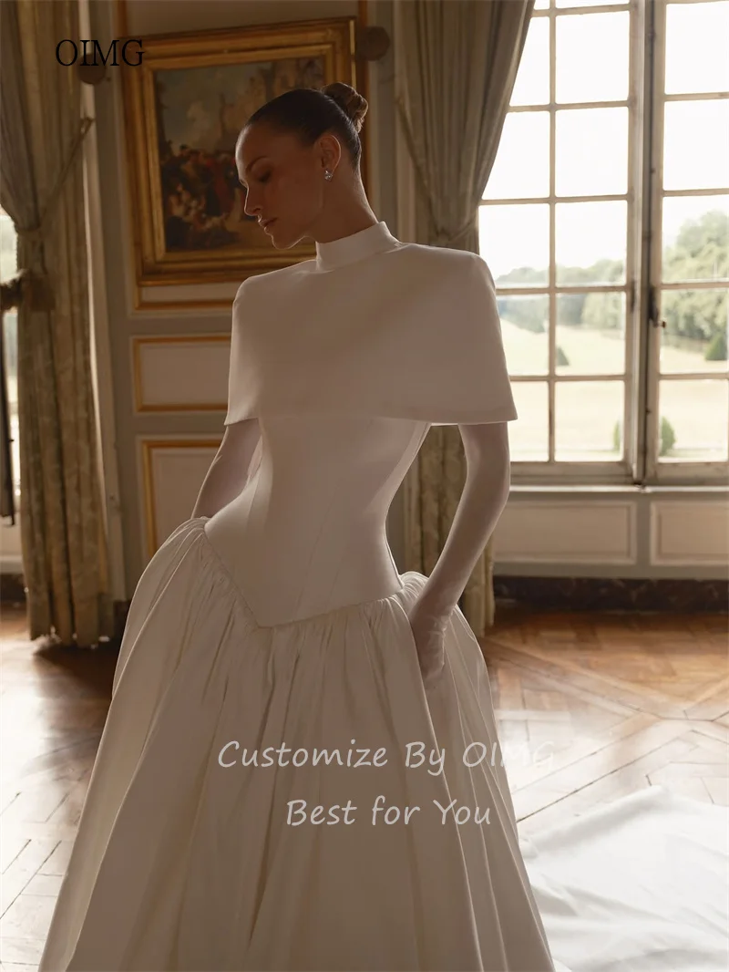 OIMG Modern High Neck A Line Wedding Dress Cap Full Sleeves Bride Dresses Floor Length Long Tail Wedding Gown 2026 Customized
