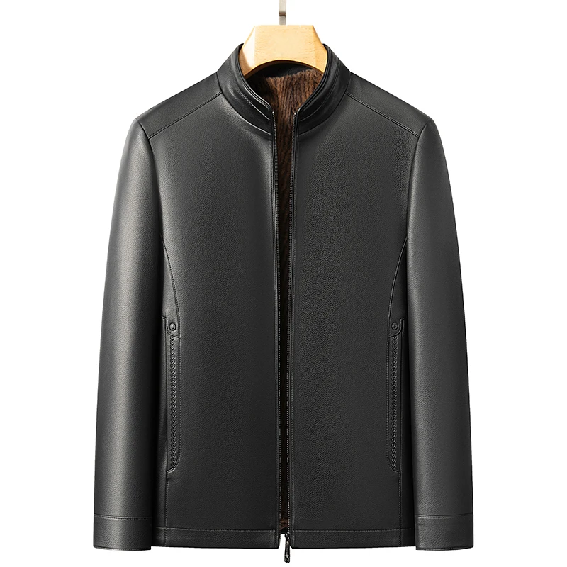 Men's Genuine Leather Winter Jacket, Black, Thick Fur