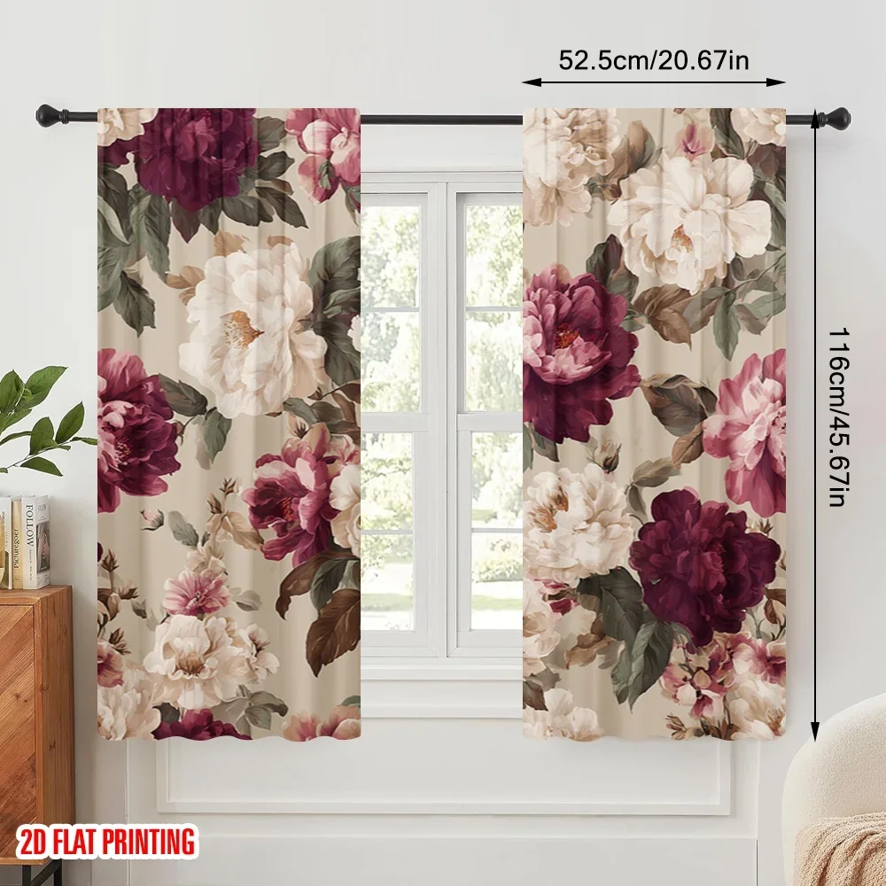 2pcs,2D plane printing Pattern Curtains Floral Elegance Durable 100% Polyester Fabric (without rod) Gifts Use for Bedroom Living