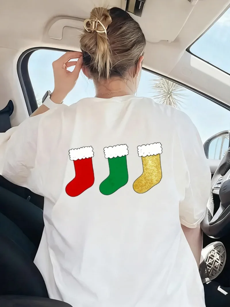 

Short-sleeved T-shirt for Women and Women's Christmas-themed Three-color Socks Print Pattern for Christmas Parties