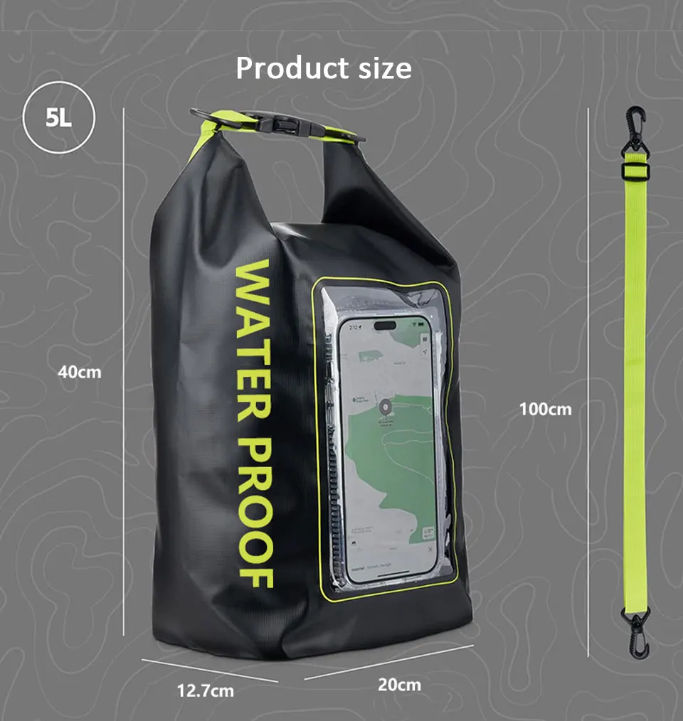 2L/5L Wasserdichte Trockentasche mit Touchscreen, Schwimmen, wasserdichte PVC-Tasche, Rafting, schwimmende Outdoor-Sporttasche, Aufbewahrungstasche für Surfbrett und Kajak – Detail 5