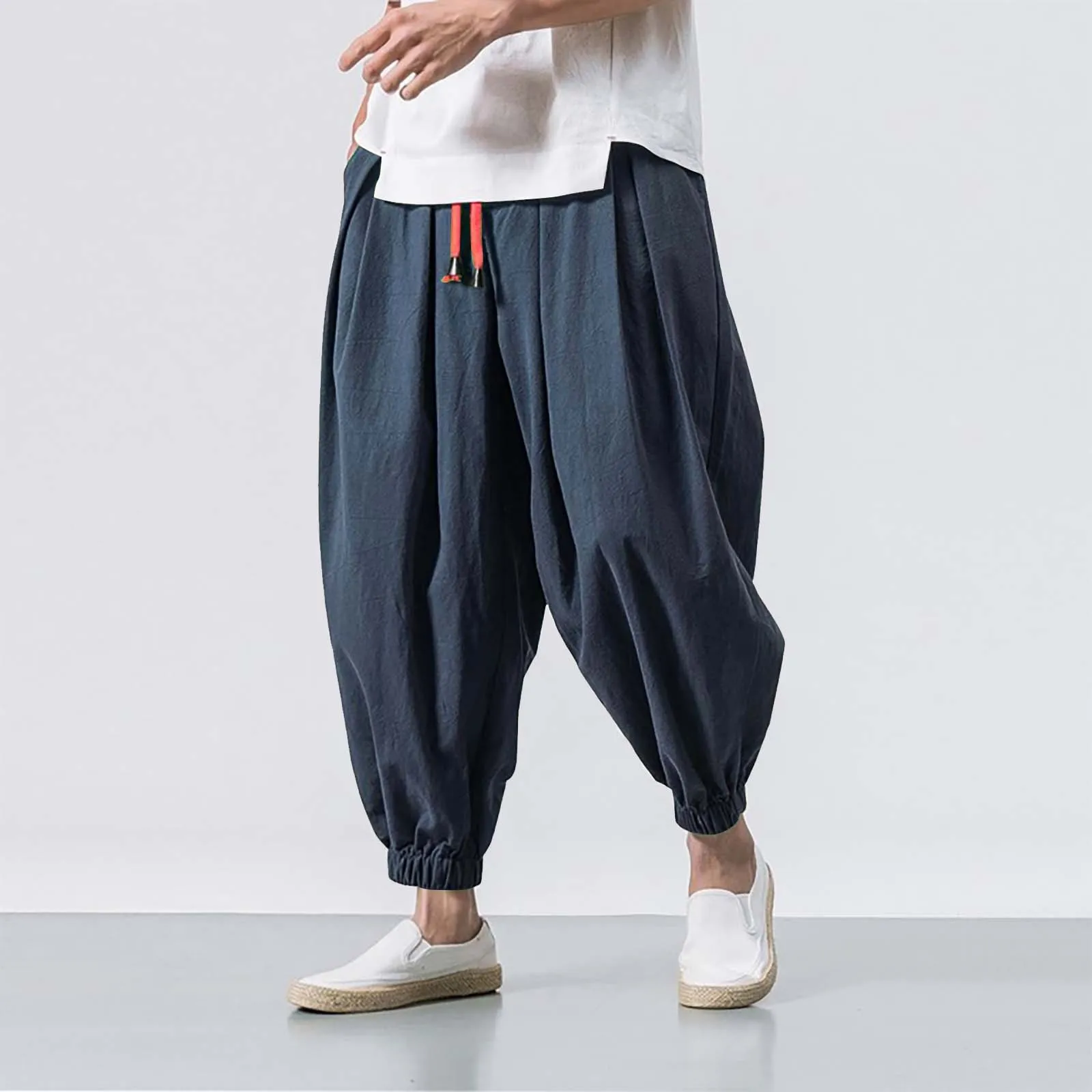 

Cotton Linen Harem Pants Men Solid Elastic Waist Streetwear Joggers 2024 New Baggy Drop-crotch Pants Casual Trousers Men