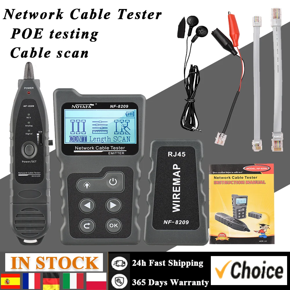 LCD Network Cable Tester Wire Tracker PoE Checker Inline PoE Voltage and Current Tester with Cable Tester Illuminate Function