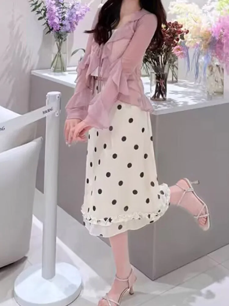 Fashion Polk Dot Printed Edible Tree Fungus Trim Skirts Women Holidays Zipper-Up Mesh Half Double Layers Bottoms 2025