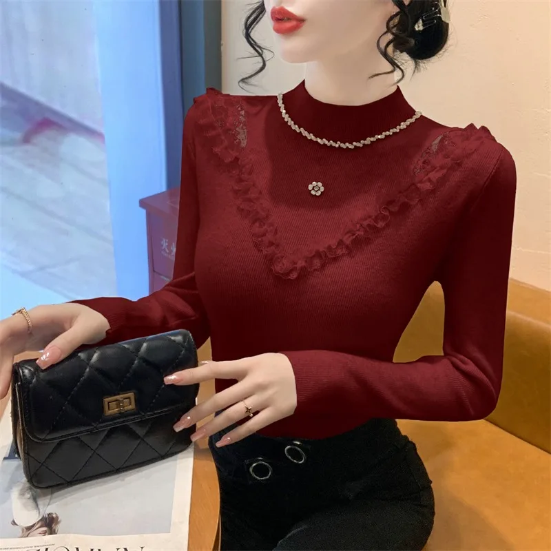 Suéter de punto con cuello alto y lentejuelas caladas con empalme de encaje para mujer Otoño Invierno única hermosa Base ajustada irt