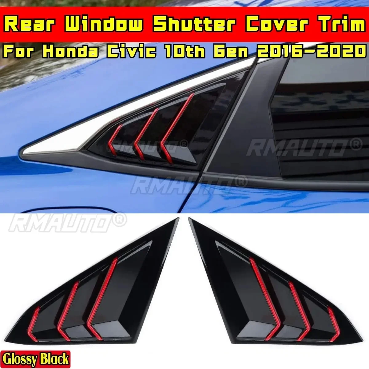 For Honda Civic 10th Gen 2016-2020 Body Kit Carbon Fiber Look Red Style Rear Window Shutter Cover Trim Car Accessories