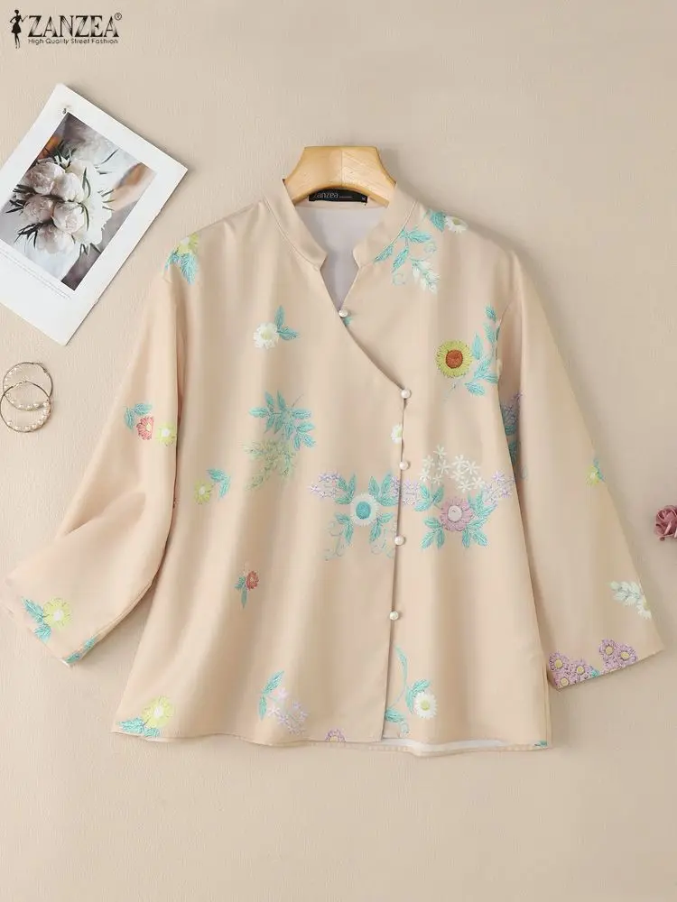 ZANZEA Autumn Blouse Women Casual V Neck Long Sleeve Tops Vintage Printed Shirts Floral Blusas Retro Buttons Down Shirt Oversize