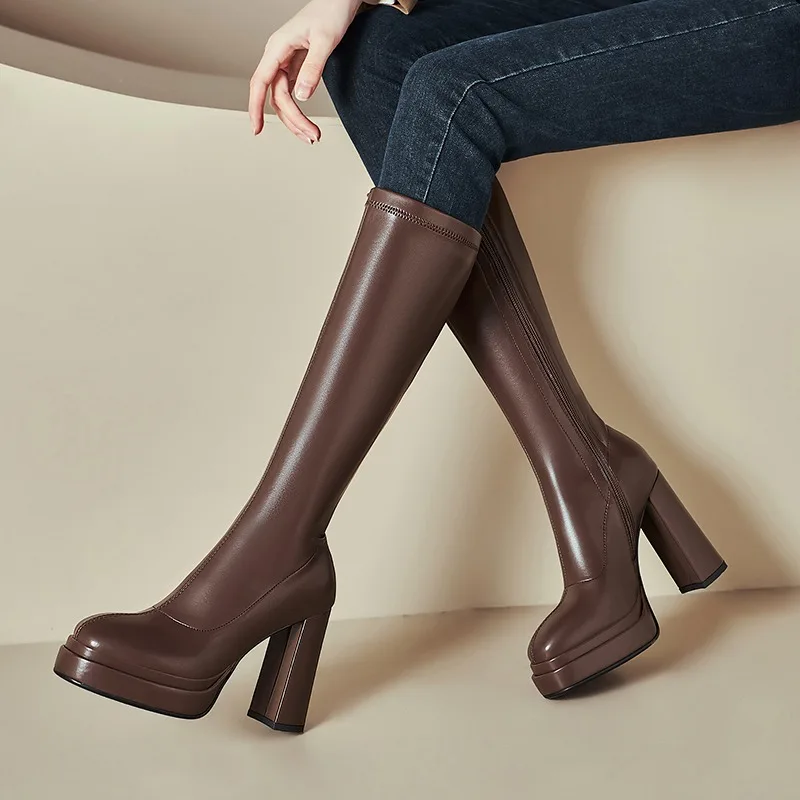 2025 أحذية عالية الخريف جديد جولة تو الجانب سستة منصة عدم الانزلاق مقاومة للاهتراء كعب مربع أحذية عالية الكعب Жénskie Botanки