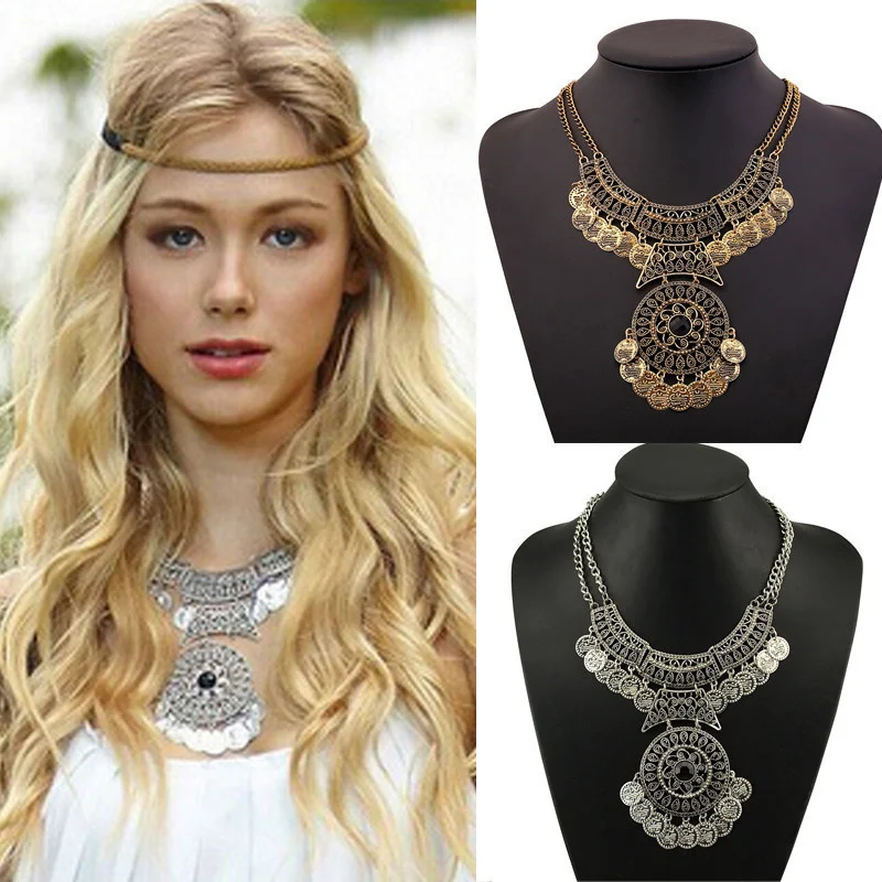 Bohemian Vintage Necklace For Women Gypsy Double Chain Coin Ethnic Tribal Statement Necklace Turkish Jewelry Collier