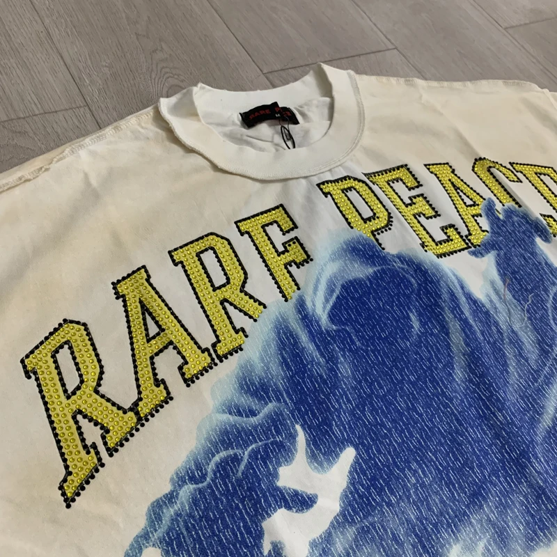 Oversize RARE PEACE Tshirts Ribbon Graffiti Print Summer Hiphop Street Outfit Vintage Distressed Cotton Men Women Short Sleeve