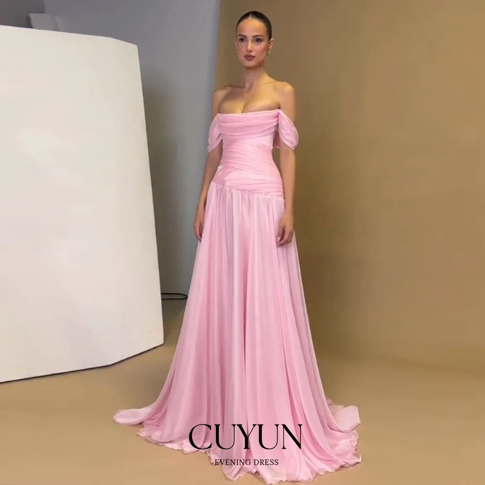 CUYUN Off the Shoulder Pink Women Evening Dresses for Formal Event Customized A Line Pleated Long Prom Party Gown Wedding Guest