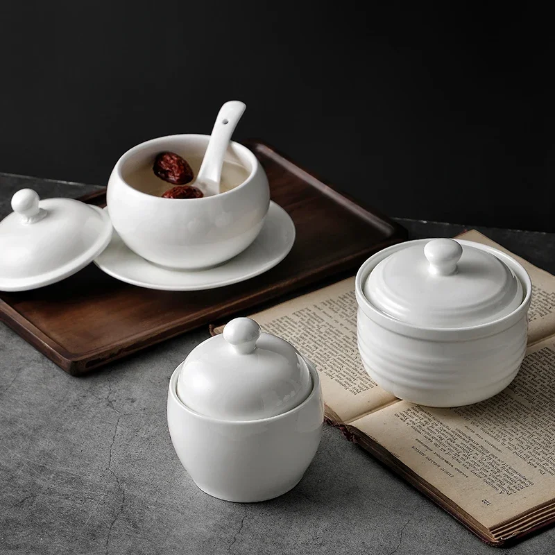 White, Ceramic with Lid, Steamed Egg Bowl, Soup Bowl, Rice Bowl, Dessert Bowl, Hotel, Restaurant Bird\'s Nest Small Cup, Separate