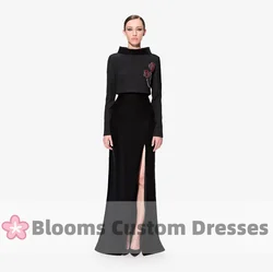 Blooms Customized Black Crepe Top Crystal Prom Dresses Velvet Evening Dresses High Slit Long Sleeves Wedding Formal Gown