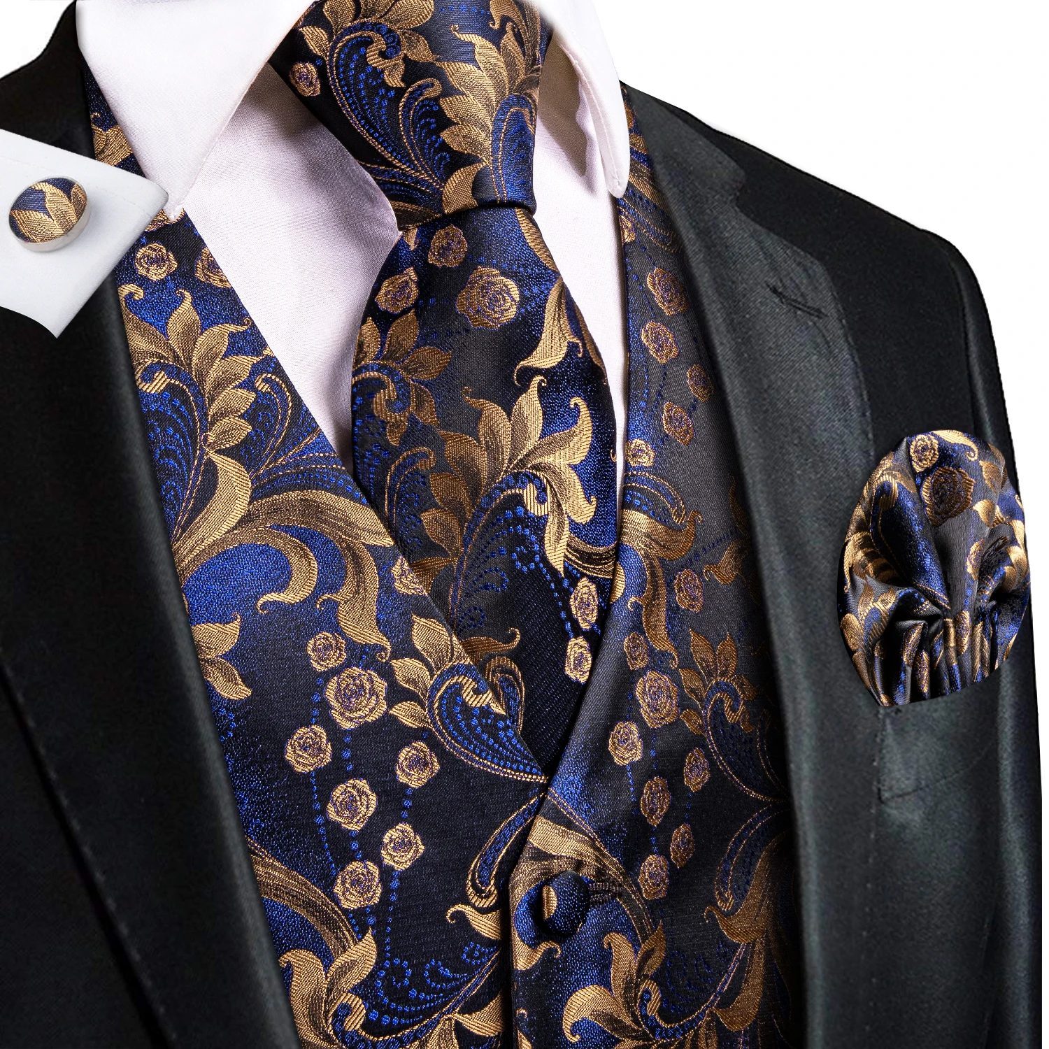 Navy Gold Scroll Jacquard V-Ne - Pocket Square Set 评论和价格