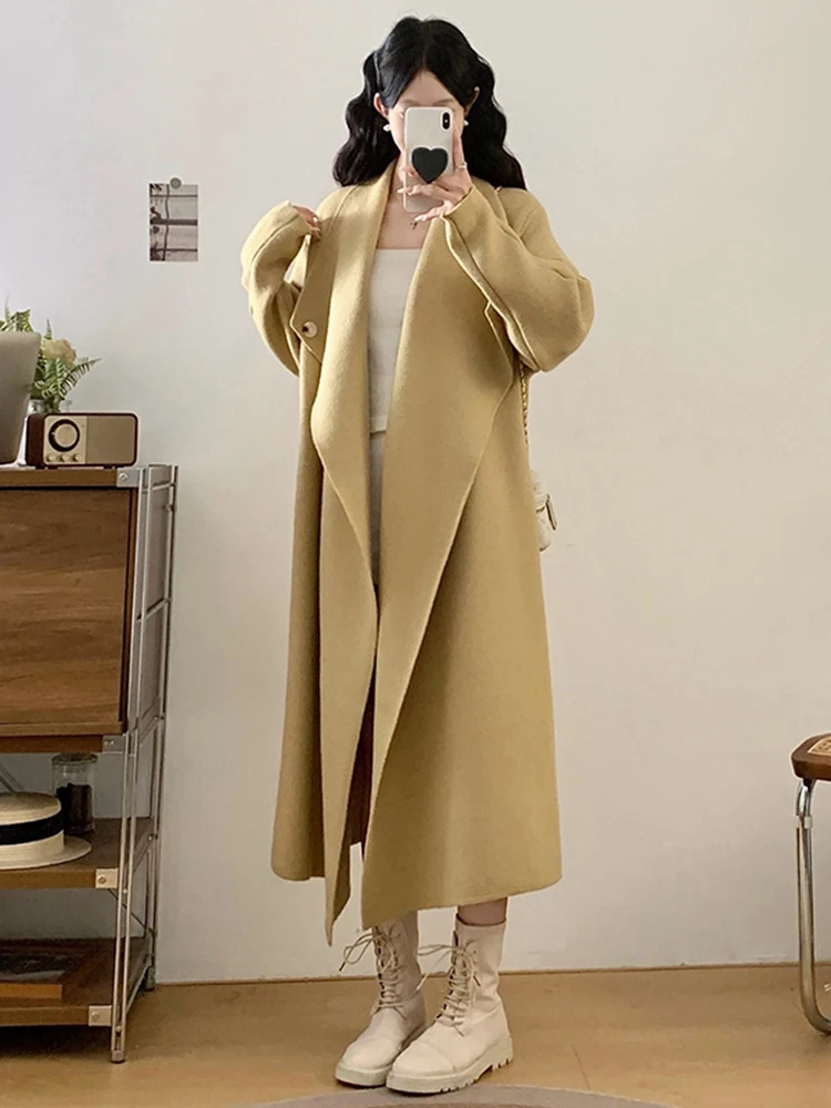 

Длинное пальто оверсайз с отложным воротником для женщин, осенне-зимнее, новое, до колена, с поясом, легкое, элегантное, женская верхняя одежда