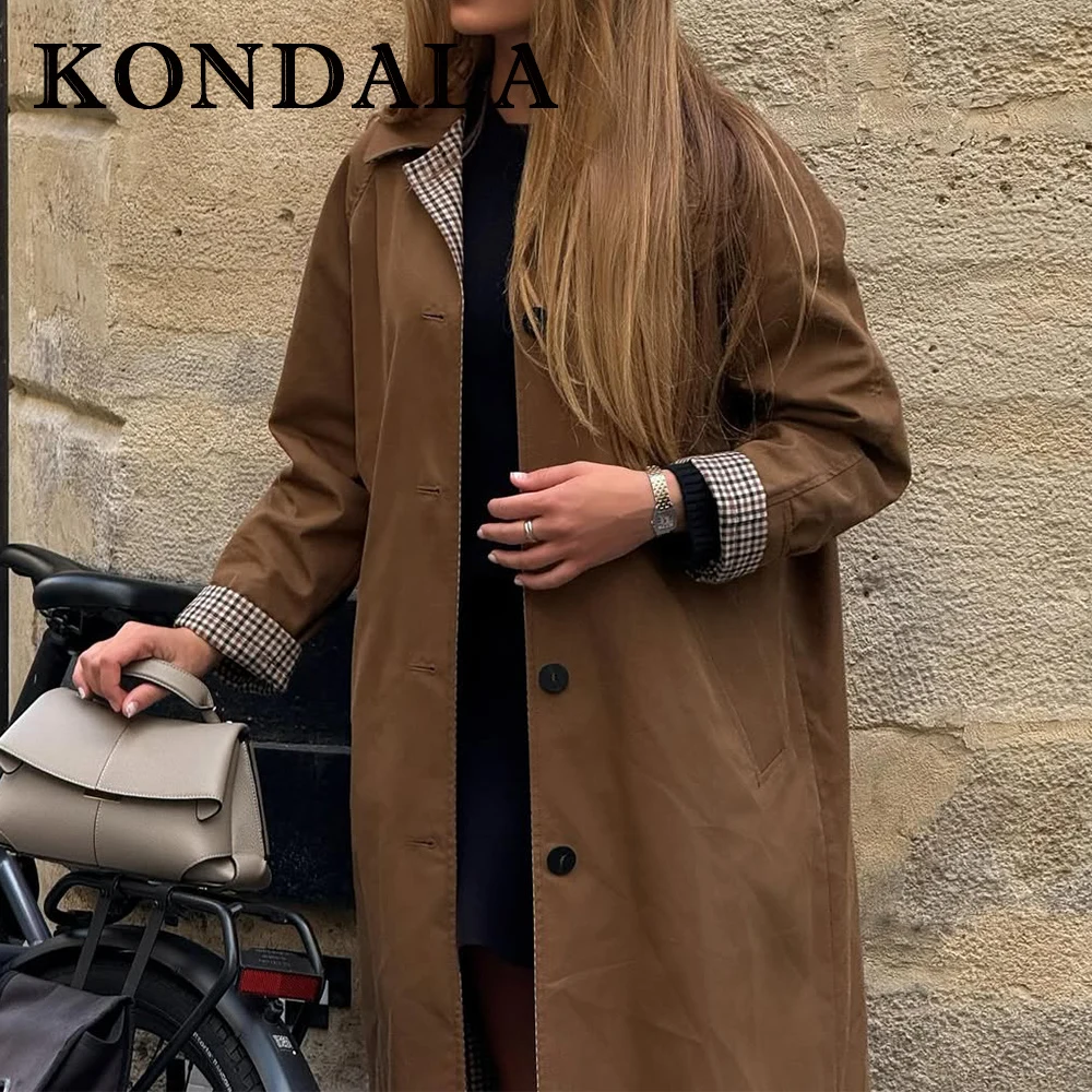 KONDALA 2025, Herbst Casual Frau doppelseitige Reversible Graben Mantel Plaid Einreiher Mode Taschen Vintage Mujer Graben
