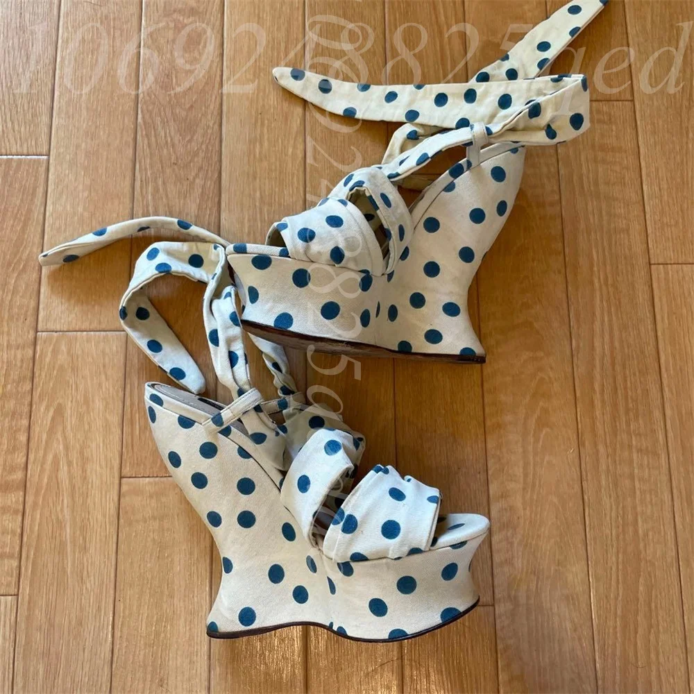 

Women's Polka Dot Wedge Platform Sandals, Open Toe, Wrap-Around Ankle Ties, Retro-Inspired Sculptural Heel Lace up Fashion Shoes