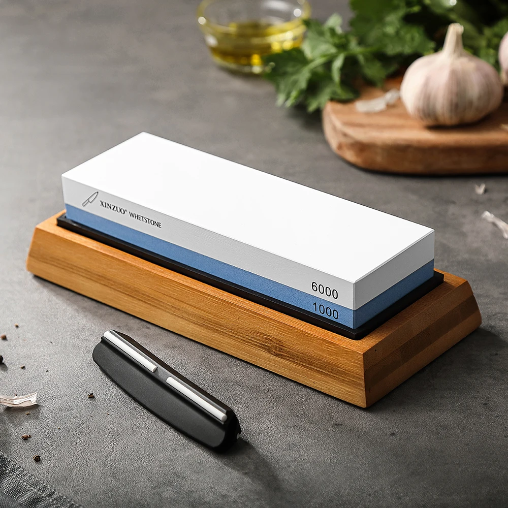

XINZUO New Sharpening Stone 1000&6000 Grit Double Sided Whetstone For Kitchen Knives With Non-Slip Bamboo Base Free Angle Guide