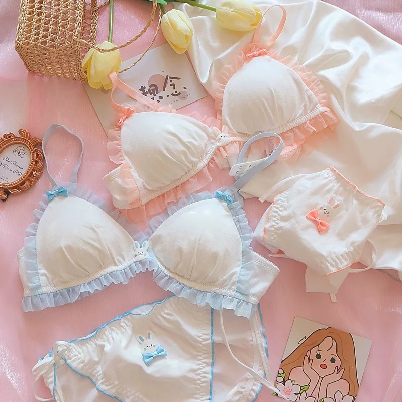 

Teenage girls bra cute rabbit underwear set cotton small flat chest lace up lingerie panties