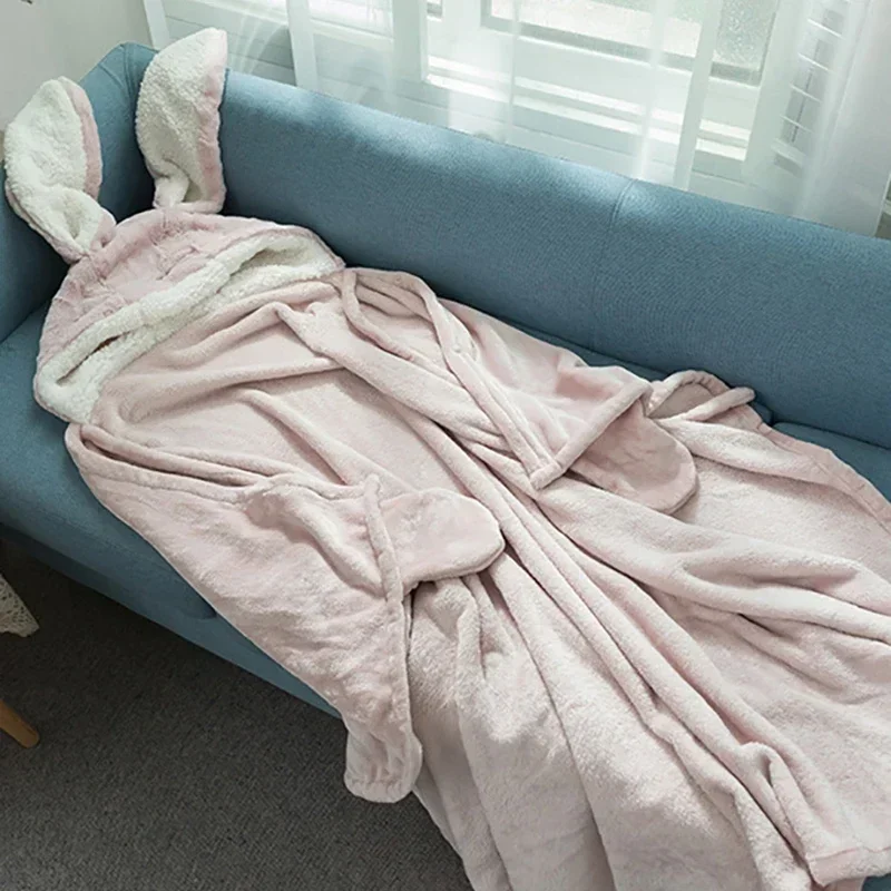 

Kids Cloak Hooded Blankets Blanket Cute Adults Warm Winter Style Coral Japanese Velvet Rabbit Wearable Throw In Kawaii